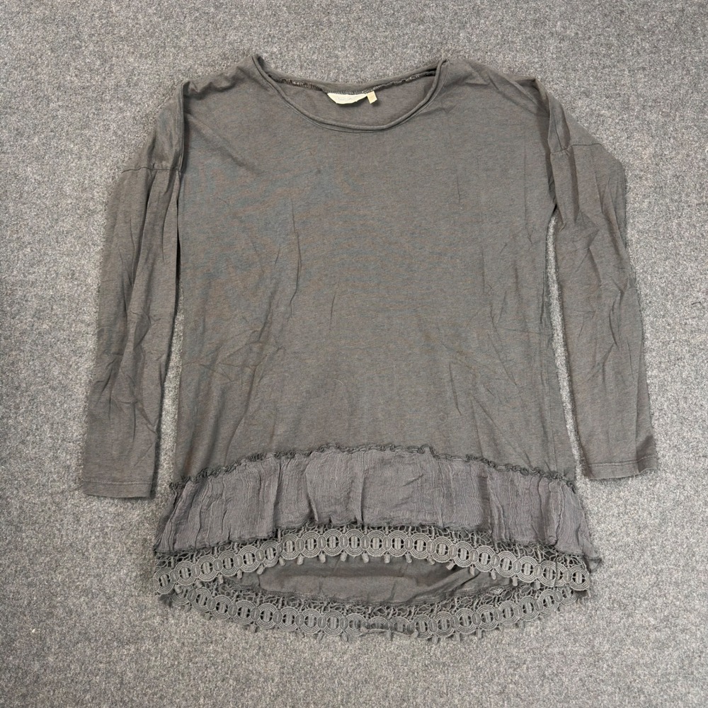True Grit Womens XS Gray Long Sleeve Crochet Lace Ruffle Hem Top 21W128SH Boho